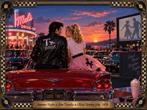 A young couple shares a romantic sunset at a nostalgic 1950s drive-in, perched on a gleaming red vintage car. Neon signs, classic automobiles, palm trees, and dancing silhouettes evoke carefree summer memories. Warm pink and orange skies contrast with cool twilight blues, framed by ornate musical decorations and an engraved title plate.