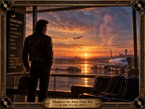 A solitary traveler stands inside a vintage airport terminal, gazing across a rain-soaked runway toward a glowing orange sunset. A womans translucent face floats among violet clouds, suggesting romantic longing and cherished memories. Rich cinematic lighting, reflective surfaces, and an ornate brass musical frame evoke nostalgic 1970s romance.