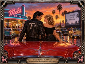 A stylish couple in black leather shares a romantic glance atop a red vintage car outside a neon-lit 1950s diner. Palm trees, classic automobiles, and glowing reflections fill the sunset scene. Rich cinematic painting captures youthful passion and nostalgia, surrounded by an ornate musical frame with records and an engraved title plate.