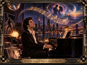 A romantic vintage painting depicts a dark-haired pianist overlooking a glowing nighttime city skyline. Golden musical notes sweep toward a dreamy couple beneath a luminous moon. Rich amber, violet, and midnight blue tones create nostalgic warmth. A decorative piano-key and vinyl-record frame surrounds the scene, completed by an engraved brass title plate.