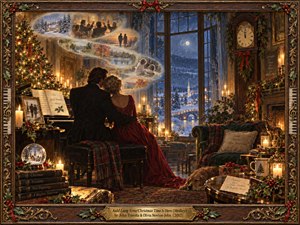 Inside a candlelit Christmas parlor, a couple sits close at a piano beside a glowing tree. Wisps of cherished memories curl toward moonlit windows overlooking a snowy village. Rich reds, evergreen greens, and golden light create a tender, nostalgic atmosphere. Ornate carved wood, holly, and musical details frame the intricate oil painting.