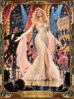 A radiant blonde performer in a shimmering ivory gown commands a dazzling 1960s stage as a tuxedoed partner presents her to cheering dancers. Pink feathers, golden confetti, blue spotlights, and glowing marquee bulbs create jubilant theatrical energy. Rich painterly textures and an ornate musical frame surround the triumphant scene.