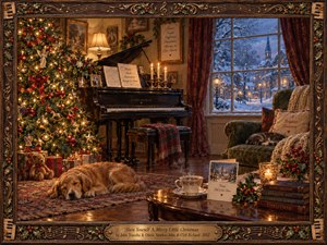 A glowing Christmas tree brightens a nostalgic parlor where a grand piano, candlelight, wrapped gifts, and sleeping pets create a peaceful holiday refuge. Beyond the window, snow blankets a blue twilight village. Rich reds, evergreen greens, and warm golds glow within an ornate, music-carved wooden frame in detailed oil-painted style.
