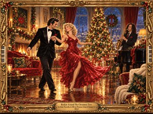 A glamorous couple dances beside a sparkling Christmas tree in an elegant holiday salon, accompanied by a saxophonist. Warm golden firelight illuminates swirling red silk, polished floors, festive garlands, and snowy windows. Rich oil painting textures, nostalgic romance, and an ornate gilded musical frame create a joyful celebration.
