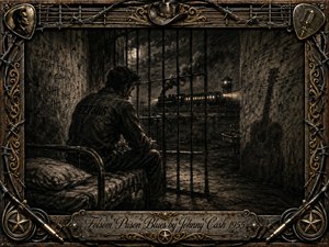 A solitary prisoner sits in a shadowed cell, gazing through iron bars toward a moonlit train beyond the yard. Deep charcoal textures, sepia highlights, and dramatic low lighting create a brooding, regretful mood. An ornate weathered frame of barbed wire, guitar strings, metalwork, and Western motifs surrounds the scene.