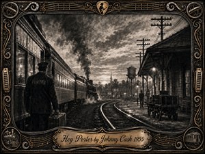 A lone porter stands beside a vintage passenger train as curving rails lead toward a quiet rural station beneath telegraph poles and a smoky dawn sky. Deep charcoal textures, muted sepia tones, glowing lamps, and metallic gold accents create a nostalgic, cinematic mood, framed by ornate musical motifs and an engraved Johnny Cash title plate.