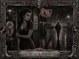 A heartbroken woman stands outside a rain-soaked 1950s honky-tonk as a lone cowboy disappears down the dark highway. Deep feathered charcoal textures, smoky shadows, muted red accents, neon reflections, and dramatic lighting create a mournful noir atmosphere. An ornate chrome-and-gold musical frame surrounds the scene with records, roses, boots, strings, and engraved details.