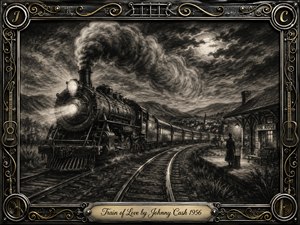 A powerful vintage steam train curves through a moonlit rural valley toward a small station where a lone traveler waits. Deep charcoal textures, smoky grays, glowing lamps, and dramatic highlights create a nostalgic, romantic mood. An ornate black-metal frame with gold filigree, guitars, and an engraved title plate completes the composition.