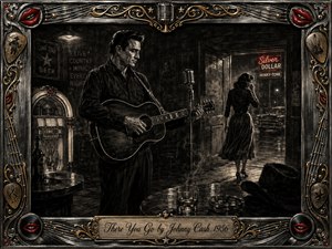 A brooding country singer stands with an acoustic guitar in a smoky 1950s honky-tonk as a woman walks tearfully toward the rainy night. Deep charcoal textures, stark shadows, muted chrome, gold accents, and red lips create a noir mood. An ornate musical frame and engraved title plate complete the vintage composition.