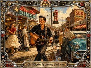 A joyful 1950s street scene centers on a smiling guitarist striding past a glowing diner as dancing townspeople and a turquoise classic car animate the background. Warm gold, red, cream, black, and chrome tones shine in bright sunlight. Expressive painterly textures, musical ornaments, vinyl records, and an engraved decorative frame heighten the upbeat nostalgic rhythm.