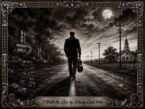 A lone dark-clad musician walks the center line of a deserted moonlit road, carrying a guitar beside him. Deep charcoal textures, smoky shadows, and muted gold accents create a solemn, steadfast mood. A church, bar signs, vintage car, telephone poles, and ornate musical frame symbolize temptation, faith, loyalty, and resolve.