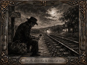 A solitary traveler sits beside moonlit railroad tracks, gently holding a rose as a distant train approaches through the darkness. Deep feathered charcoal textures create a mournful, reflective atmosphere, softened by glowing windows and misty hills. An ornate metallic frame of roses, guitars, strings, and gold accents surrounds the evocative scene.
