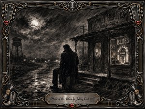 A solitary man sits outside a weathered honky-tonk beneath a clouded moon, surrounded by muddy roads, telephone poles, and distant lights. Deep feathered charcoal textures create a lonely, mournful mood, while glowing jukebox details soften the darkness. An ornate metallic frame of guitars, records, boots, and red lips completes the vintage composition.