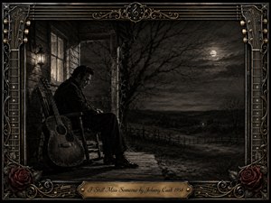 A solitary man sits beneath a dim porch lantern, his acoustic guitar resting beside him as he gazes into a moonlit rural landscape. Deep feathered charcoal textures, smoky grays, and heavy shadows create a mournful, reflective mood. An ornate black-and-gold musical frame with roses, strings, and engraved title plate completes the vintage composition.