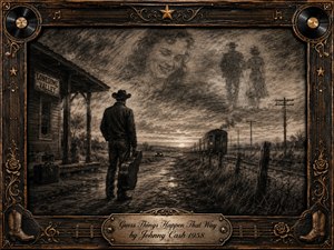 A lone cowboy stands beside a rural train stop, holding a guitar case as a train disappears beneath a brooding dusk sky. Ghostly memories of a smiling woman and departing couple drift through smoky charcoal clouds. Sepia tones, dramatic shading, weathered textures, and an ornate country-music frame create a wistful mood of heartbreak and acceptance.