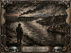 A lone cowboy stands beside a broad, winding river at dusk, watching a glowing steamboat and distant train beneath a smoky, storm-dark sky. Deep feathered charcoal textures create a rugged, melancholy mood, accented by muted gold, ember red, and steel blue. An ornate chrome-and-gold musical frame completes the vintage Western composition.