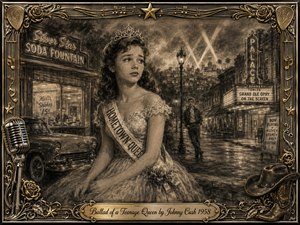 A wistful teenage queen sits on a 1950s small-town street, framed by a soda fountain, vintage car, theater marquee, and distant sweetheart. Deep feathered charcoal and warm sepia tones create nostalgic, cinematic shadows. An ornate chrome-and-gold frame with roses, musical symbols, microphone, cowboy motifs, and engraved title plate completes the romantic scene.