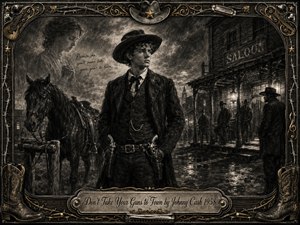 A young cowboy stands beside his dark horse on a shadowy frontier street, framed by a weathered saloon and watchful townsmen. Deep charcoal textures, smoky blacks, muted gold accents, and lantern-like highlights create a tense, mournful mood. A ghostly mother appears above, while ornate Western metalwork surrounds the scene.