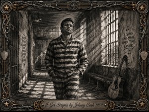 A rugged prisoner in striped clothing stands defiantly inside a shadowed cellblock, framed by barred windows, cracked walls, and a resting acoustic guitar. Deep feathered charcoal textures create a gritty monochrome mood, while slanting light forms dramatic stripes across the floor. Ornate metal, barbed-wire, guitar-string details, and an engraved title plate complete the composition.