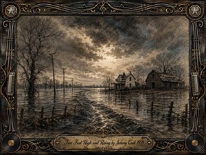 A storm-flooded rural landscape surrounds a weathered farmhouse and barn, with submerged fences, bare trees, and telephone poles receding into dark water. Deep charcoal textures, sepia browns, muted blue-grays, and a pale break in the clouds create a somber yet hopeful mood, framed by ornate vintage musical metalwork.