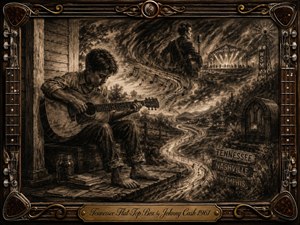 A barefoot young guitarist sits on a weathered Tennessee porch, surrounded by a dreamlike charcoal landscape where musical notes sweep toward Nashville, radio towers, and a glowing stage. Deep sepia, black, and bronze tones create a nostalgic mood, while ornate guitar strings, picks, fretwork, and engraved metal frame the richly textured composition.