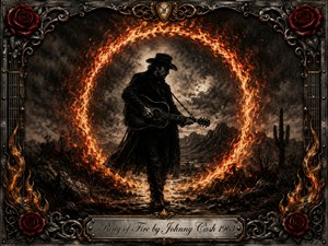 A solitary black-clad guitarist stands within a blazing ring of fire in a shadowed desert landscape. Deep charcoal textures, smoky grays, and glowing reds and golds create a brooding, passionate mood. Ornate metallic framing, roses, guitar-string details, and an engraved title plate give the dramatic composition a timeless western-gothic character.