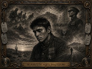 A solemn charcoal portrait of Ira Hayes dominates a desert landscape, surrounded by ghostlike memories of Marines, battlefields, flags, medals, and a lonely road. Deep blacks, smoky grays, and bronze highlights create dramatic, mournful lighting. An ornate military-and-music-inspired metal frame and engraved title plate complete the reverent memorial composition.
