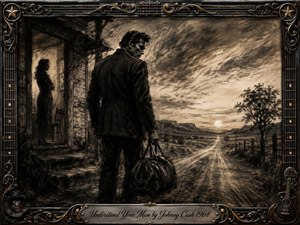 A rugged man carrying a travel bag leaves a shadowed farmhouse while a woman watches silently from the doorway. A lonely road stretches toward a pale sunset beneath turbulent charcoal skies. Deep blacks, sepia grays, and feathered textures create a somber, resolute mood, framed by ornate guitar-inspired metalwork and gold detailing.