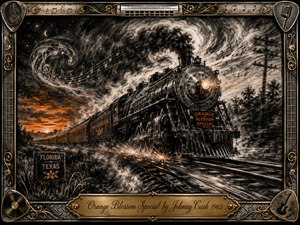 A roaring steam locomotive races through a moonlit Southern landscape, trailing charcoal smoke, sparks, and swirling musical notes. Deep blacks, smoky grays, and fiery orange accents create dramatic motion and intensity. The richly textured charcoal style is framed with ornate metallic music motifs, while a brass title plate anchors the composition.