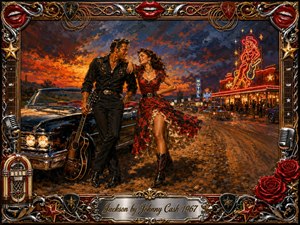 A flirtatious couple poses beside a gleaming black convertible on a dusty road leading toward neon-lit Jackson at sunset. Fiery oranges and reds fade into deep blue skies, while motel lights and a honky-tonk glow ahead. Rich oil-paint textures, chrome highlights, roses, guitars, microphones, and ornate gold detailing create lively rockabilly romance.