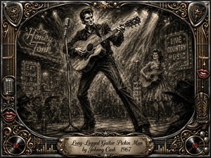 A tall, long-legged guitarist commands a lively vintage country stage, strumming beneath smoky spotlights while a smiling female musician plays nearby. Deep feathered charcoal textures create dramatic movement and rustic warmth, framed by ornate chrome, gold filigree, records, microphones, red lips, cowboy motifs, and an engraved title plate.