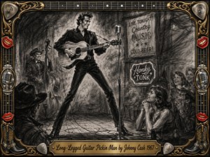 A lanky, long-legged guitarist commands a smoky honky-tonk stage, strumming beneath a vintage microphone while an upright bassist and delighted crowd look on. Deep charcoal textures create dramatic shadows and rustic warmth, framed by ornate gold, chrome, guitar strings, red lips, cowboy boots, picks, and an engraved title plate.