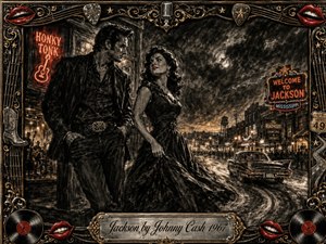 A dramatic charcoal-style portrait shows Johnny Cash and a glamorous woman poised outside a smoky Jackson honky-tonk, surrounded by neon signs, wet streets, crowds, and a vintage Cadillac. Deep blacks, glowing reds, warm gold accents, and ornate musical framing create a rebellious, romantic atmosphere, finished with an engraved title plate.
