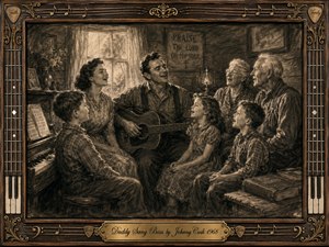 A warmly nostalgic charcoal scene shows a multigenerational family gathered in a rustic farmhouse, singing together around a piano and bass guitar. Soft window light and sepia tones create an intimate, reverent mood. Deep feathered textures, expressive faces, hymn details, and an ornate music-themed frame emphasize faith, family, and harmony.