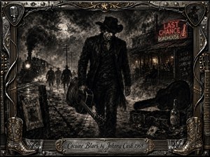 A weary black-clad outlaw walks beside railroad tracks beneath a smoky moon, gripping an acoustic guitar as shadowy pursuers and a steam train emerge behind him. Deep charcoal textures, silvery grays, muted gold, and red neon create a brooding noir atmosphere, framed with ornate metalwork, barbed wire, musical details, and cowboy motifs.