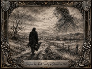 A solitary traveler carrying a guitar case walks a winding country road beneath a cold, windswept sky, while the ghostly face of a young woman emerges from the clouds. Deep charcoal textures create a wistful, nostalgic mood, framed by ornate metallic roses, musical details, western motifs, and an engraved title plate.