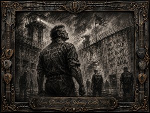 A defiant prisoner stands beneath looming guard towers and barbed-wire walls in a bleak San Quentin yard. Deep charcoal textures, smoky grays, harsh searchlights, and wet shadows create a tense, rebellious mood. An ornate rusted-metal frame with guitar strings, picks, filigree, and microphone details surrounds the dramatic prison scene.