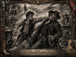 A gritty charcoal Western captures a fierce saloon brawl between a determined young cowboy and his rugged, bearded father. Dust, broken furniture, whiskey bottles, and startled onlookers heighten the tension. Monochrome shading, dramatic highlights, and expressive textures create raw intensity, framed by ornate musical, cowboy, and metallic details.
