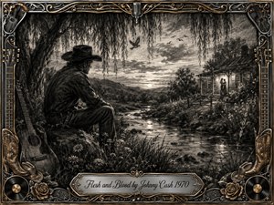 A solitary cowboy rests beside a winding creek at dusk, gazing toward a warmly lit farmhouse where two figures embrace. Deep charcoal textures, smoky grays, and soft highlights create a reflective, tender mood. An ornate gold-and-chrome musical frame surrounds the scene, decorated with guitars, roses, records, boots, and elegant scrollwork.