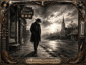 A solitary, dark-coated man walks through a quiet small-town street beneath a brooding Sunday sky, his bowed posture conveying loneliness and reflection. Deep charcoal textures, muted sepia tones, wet pavement, distant church steeple, faded storefronts, and soft breaking light create a haunting vintage Americana mood, framed by ornate musical and western details.