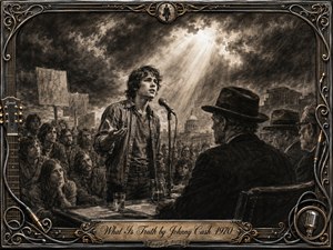 A young man speaks passionately into a microphone before stern older officials as a tense crowd gathers behind him beneath a storm-darkened sky. Dramatic rays of light break through the clouds, suggesting truth and conscience. Deep charcoal textures, sepia tones, civic architecture, protest placards, and an ornate music-themed metallic frame create a solemn, defiant atmosphere.