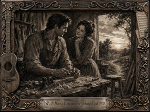 A tender carpenter and his devoted companion share a quiet moment inside a rustic workshop overlooking a countryside sunset. Deep charcoal and sepia tones, feathered textures, and soft dramatic light create a nostalgic, romantic mood. Wood shavings, hand tools, an acoustic guitar, roses, sheet music, ornate metalwork, and an engraved title plate enrich the composition.