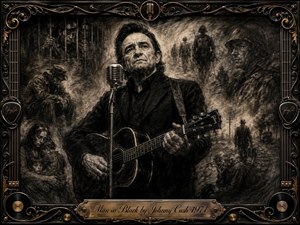 Johnny Cash stands solemnly in black beside a vintage microphone, gripping an acoustic guitar as ghostly scenes of prisoners, soldiers, struggling families, and weary travelers emerge behind him. Deep charcoal textures, smoky grays, and warm sepia highlights create a grave, compassionate mood, enclosed by an ornate black-and-gold musical frame and engraved title plate.