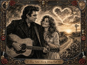 A charcoal-toned country romance shows a dark-clad guitarist beside a smiling woman on a winding rural road at sunset. Warm gold and sepia light soften the dramatic sky, where a heart-shaped cloud glows above distant fields and a windmill. Roses, musical motifs, red lips, and ornate metallic framing add nostalgic detail.