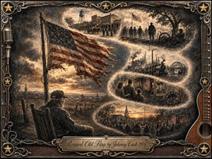 A weathered American flag dominates a richly textured charcoal-and-sepia collage of frontier towns, soldiers, industry, wartime remembrance, and modern community life. An elderly observer sits quietly beneath dramatic golden dusk light. Feathered historical scenes curve through the composition, framed by ornate metalwork, stars, barbed wire, musical details, and an engraved title plate.