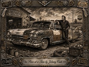 A rugged man proudly leans against a bizarre patchwork Cadillac assembled from mismatched vintage parts outside a rural garage. Deep charcoal textures, sepia tones, chrome highlights, and stormy lighting create a gritty Americana mood. An ornate automotive-musical frame surrounds the scene, with license plates, guitar details, Route 66 symbols, and an engraved title plate.
