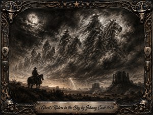 A lone cowboy watches spectral riders thunder across a storm-darkened Western sky above rugged mesas and desert plains. Deep charcoal, graphite gray, sepia, and silver tones create a haunting, cinematic mood, illuminated by moonlight and distant lightning. An ornate gothic-Western metal frame features skulls, stars, barbed wire, musical symbols, and an engraved title plate.