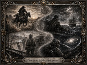 A richly detailed charcoal montage traces four lives through an S-shaped veil of smoke: a lone highwayman, storm-tossed sailor, dam worker, and futuristic space pilot. Sepia-gray tones, luminous highlights, and dramatic shadows create a timeless, mythic mood. Ornate gold-and-steel framing, western symbols, stars, and guitar-string details complete the composition.