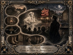 A ghostly Hank Williams performs with guitar before an awestruck small-town crowd as Johnny Cash watches from the shadows. Sepia charcoal textures, smoky feathered vignettes, moonlight, neon honky-tonk glow, vintage radio, records, boots, and Cadillac create a reverent nostalgic mood, enclosed by an ornate gold-and-chrome musical frame.