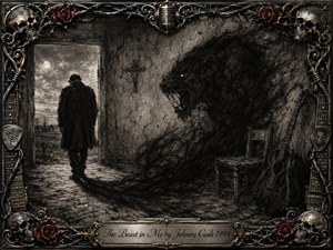 A solitary man walks toward a moonlit doorway while a huge shadowy beast emerges behind him, embodying inner conflict and restrained violence. Deep charcoal textures, smoky blacks, muted grays, and stark light create a brooding Gothic atmosphere. An ornate skull, rose, guitar-string, and metal frame surrounds the haunting composition.